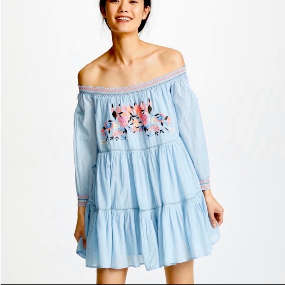Free People Sunbeam Blue Embroidered Long Sleeve Off the Shoulder Dress Small
